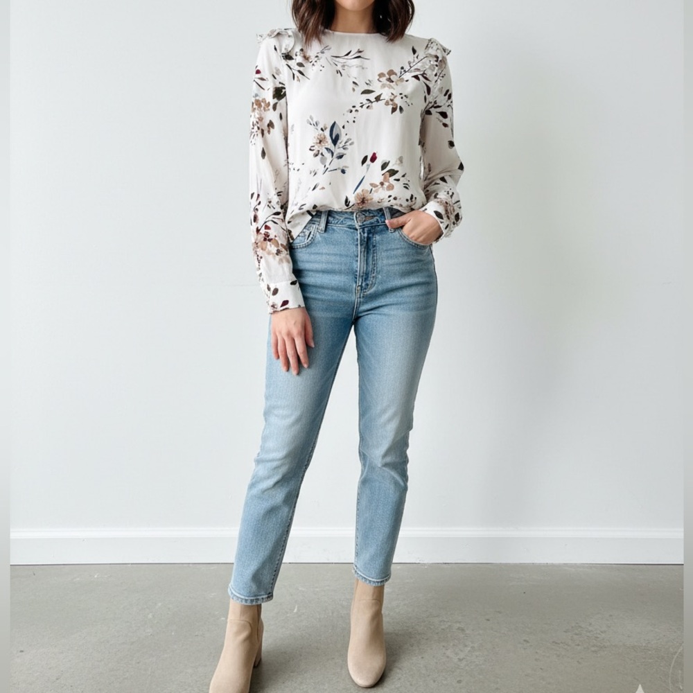 White House Black Market Floral Blouse - Cream and Black